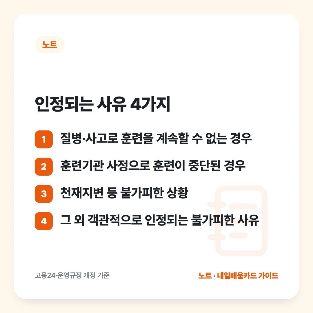 인정되는 사유 4가지: 질병·사고로 훈련을 계속할 수 없는 경우 / 훈련기관 사정으로 훈련이 중단된 경우 / 천재지변 등 불가피한 상황 / 그 외 객관적으로 인정되는 불가피한 사유
