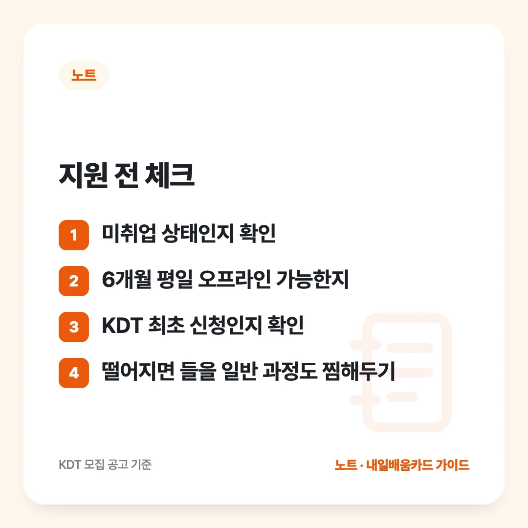 지원 전 체크: 미취업 상태인지 확인 / 6개월 평일 오프라인 가능한지 / KDT 최초 신청인지 확인 / 떨어지면 들을 일반 과정도 찜해두기